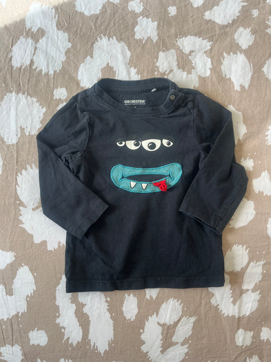T-shirt à manches longues noir avec visage de monstre - 9 mois