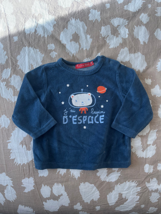 Pull polaire bleu avec ourson « j’ai besoin d’espace » - 12 mois