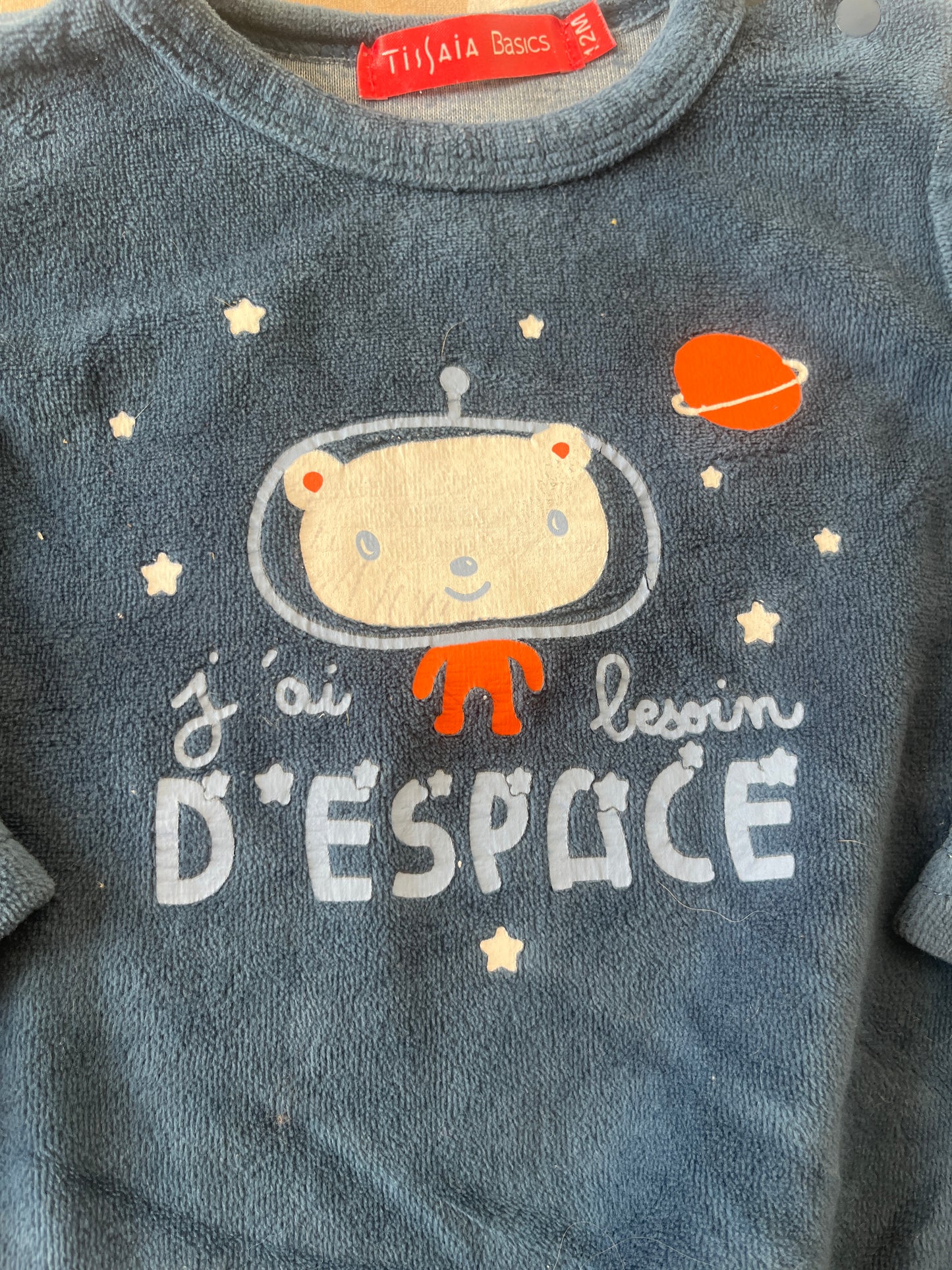 Pull polaire bleu avec ourson « j’ai besoin d’espace » - 12 mois