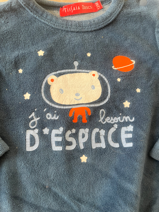 Pull polaire bleu avec ourson « j’ai besoin d’espace » - 12 mois