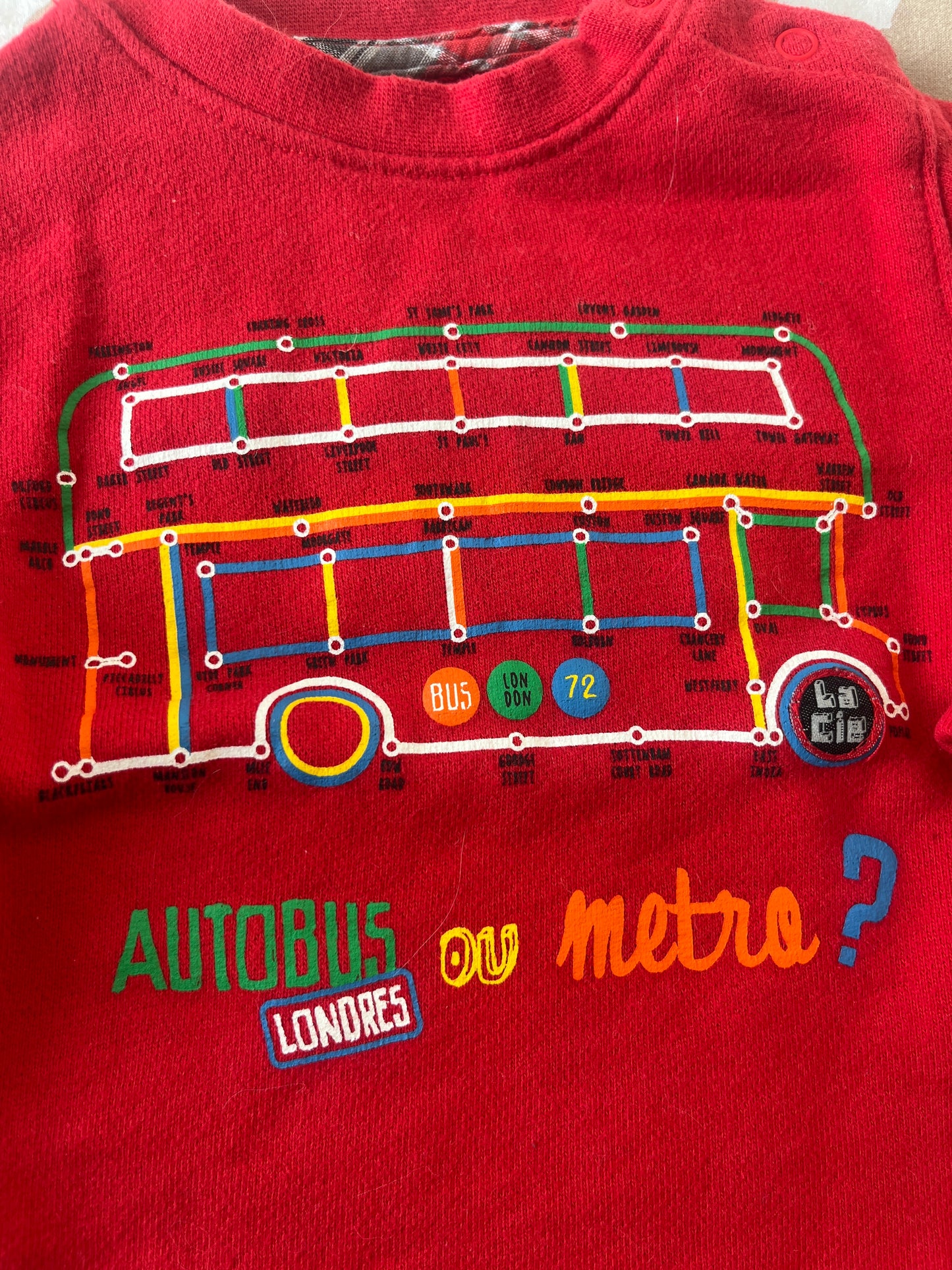 Sweat à manches longues rouge « autobus ou métro ? » - 12 mois