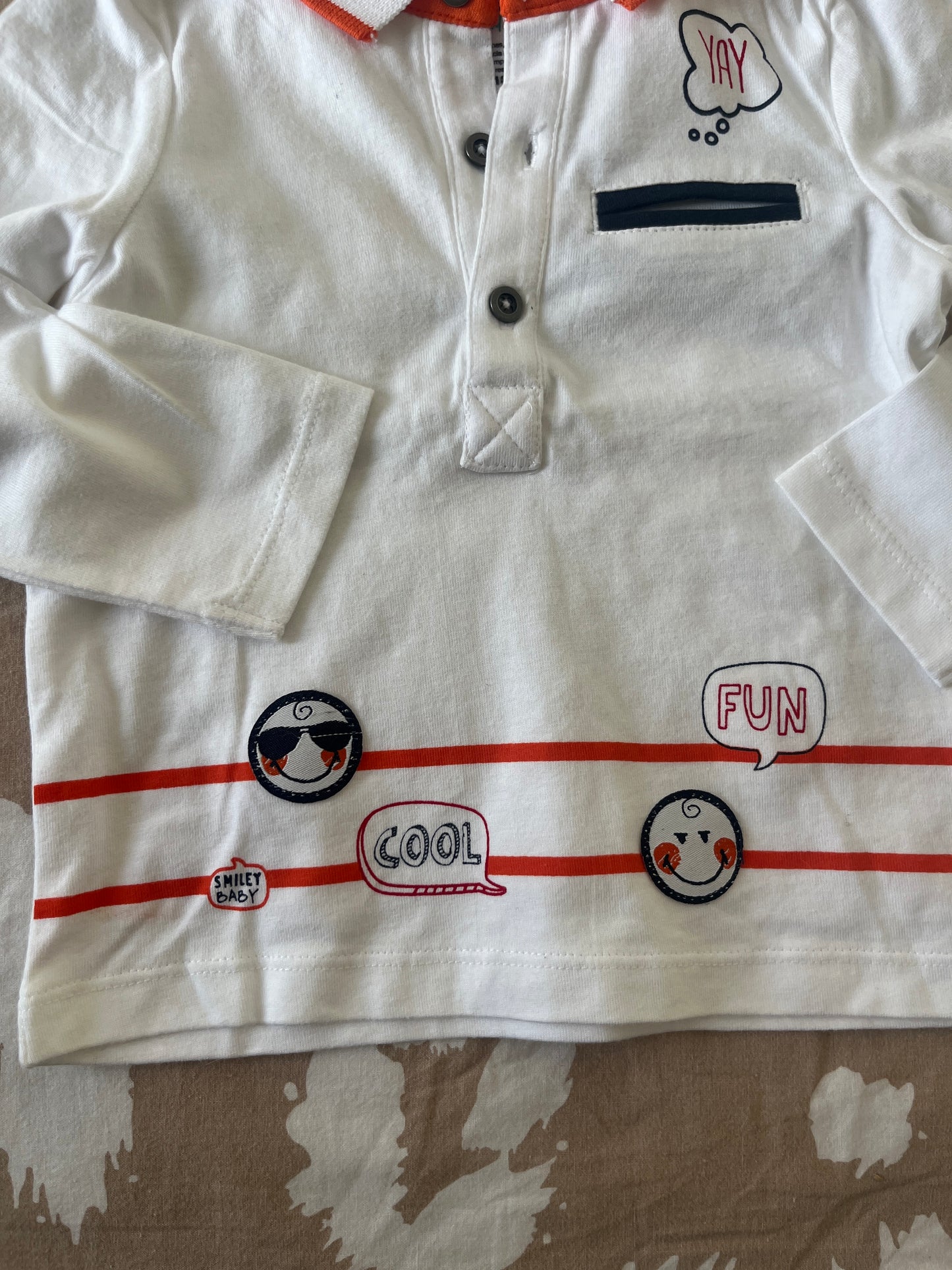 Polo à manches longues blanc et orange avec smileys - 18 mois