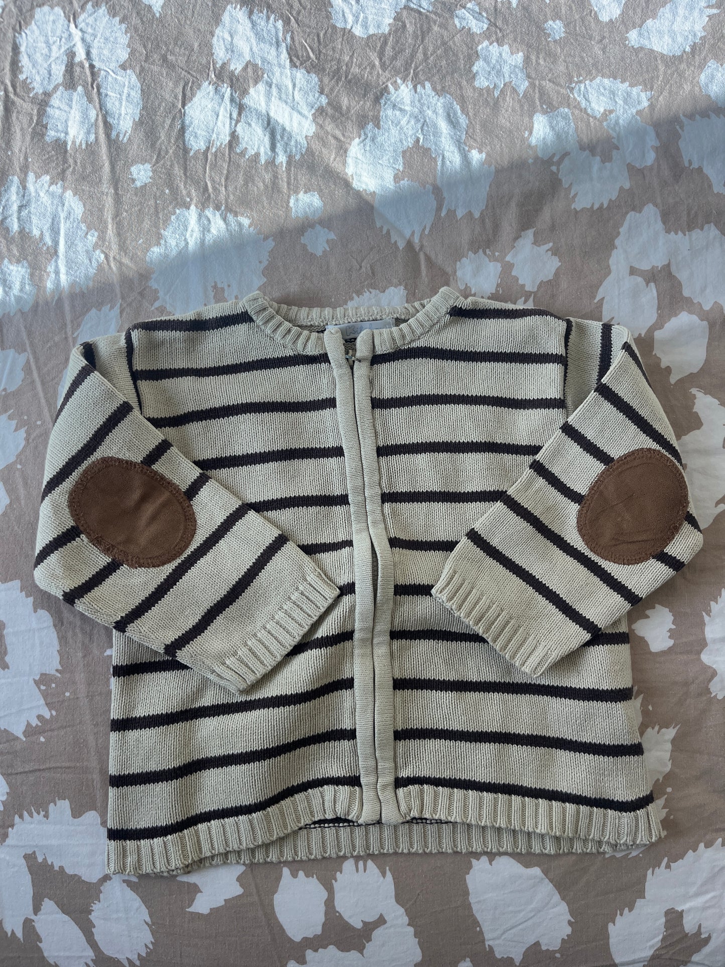 Gilet à zip rayé beige avec coudières marron - 18 mois