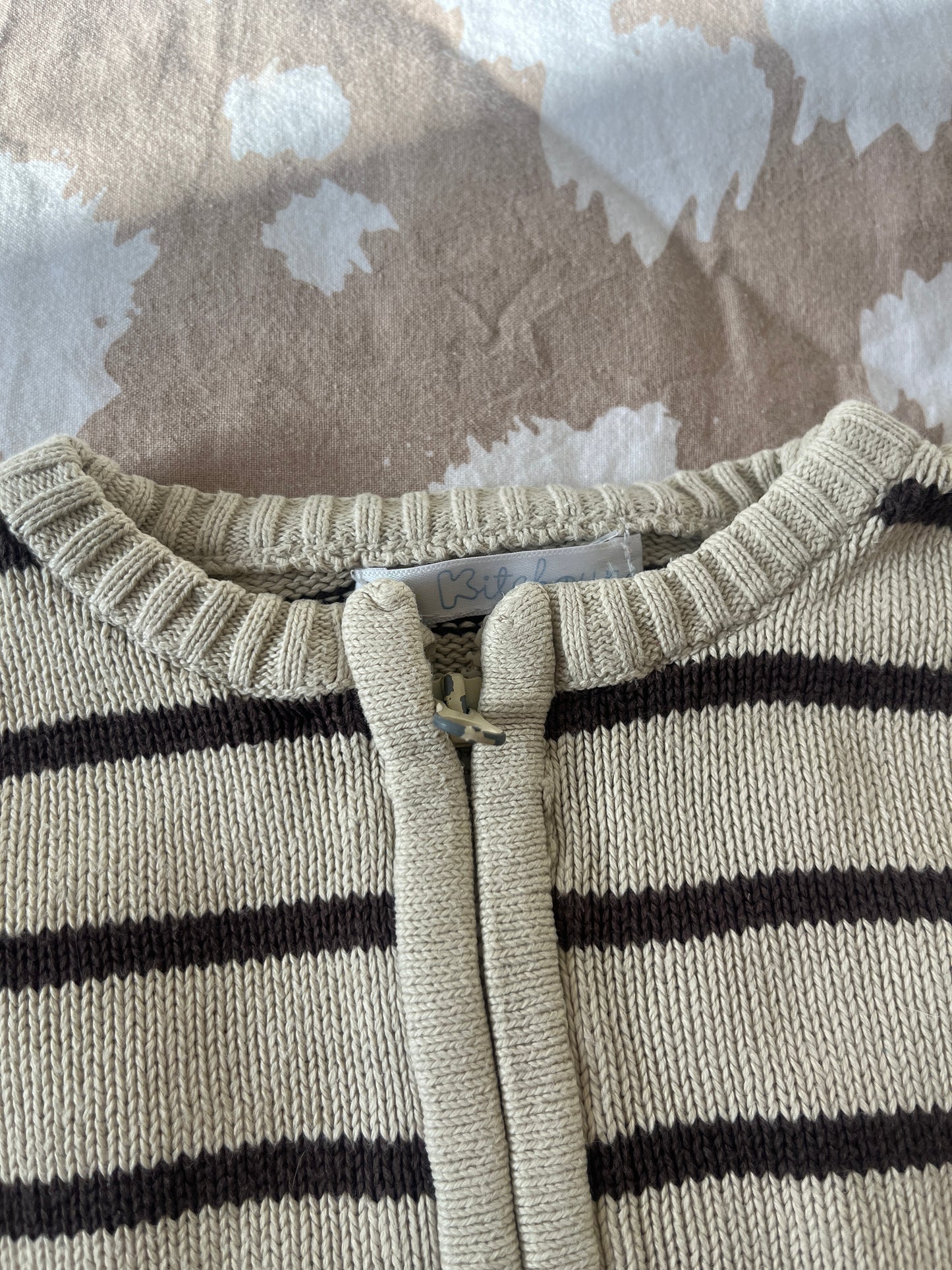 Gilet à zip rayé beige avec coudières marron - 18 mois