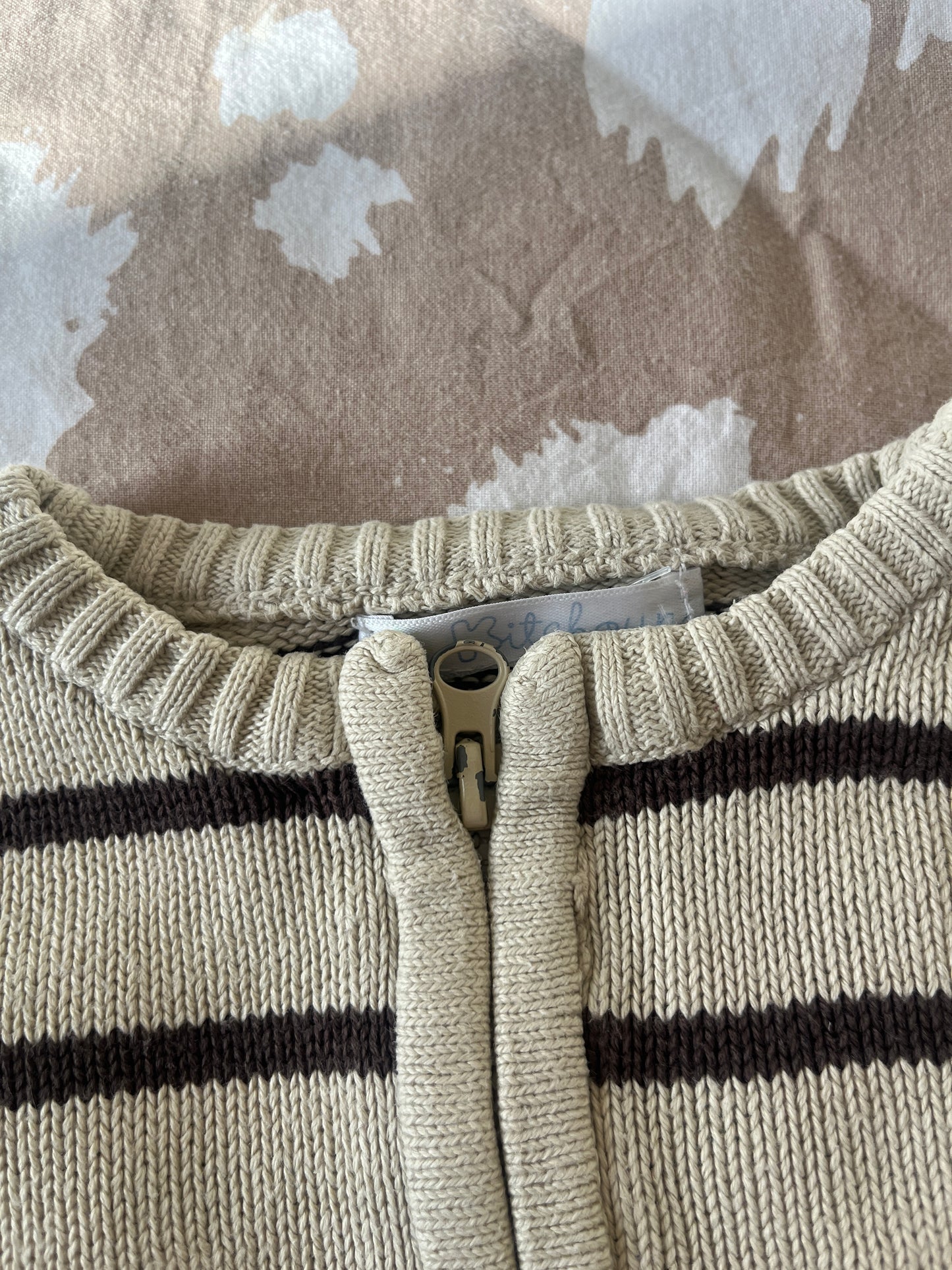 Gilet à zip rayé beige avec coudières marron - 18 mois