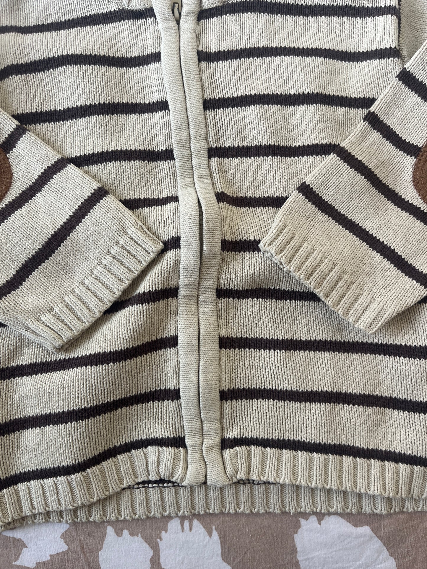 Gilet à zip rayé beige avec coudières marron - 18 mois