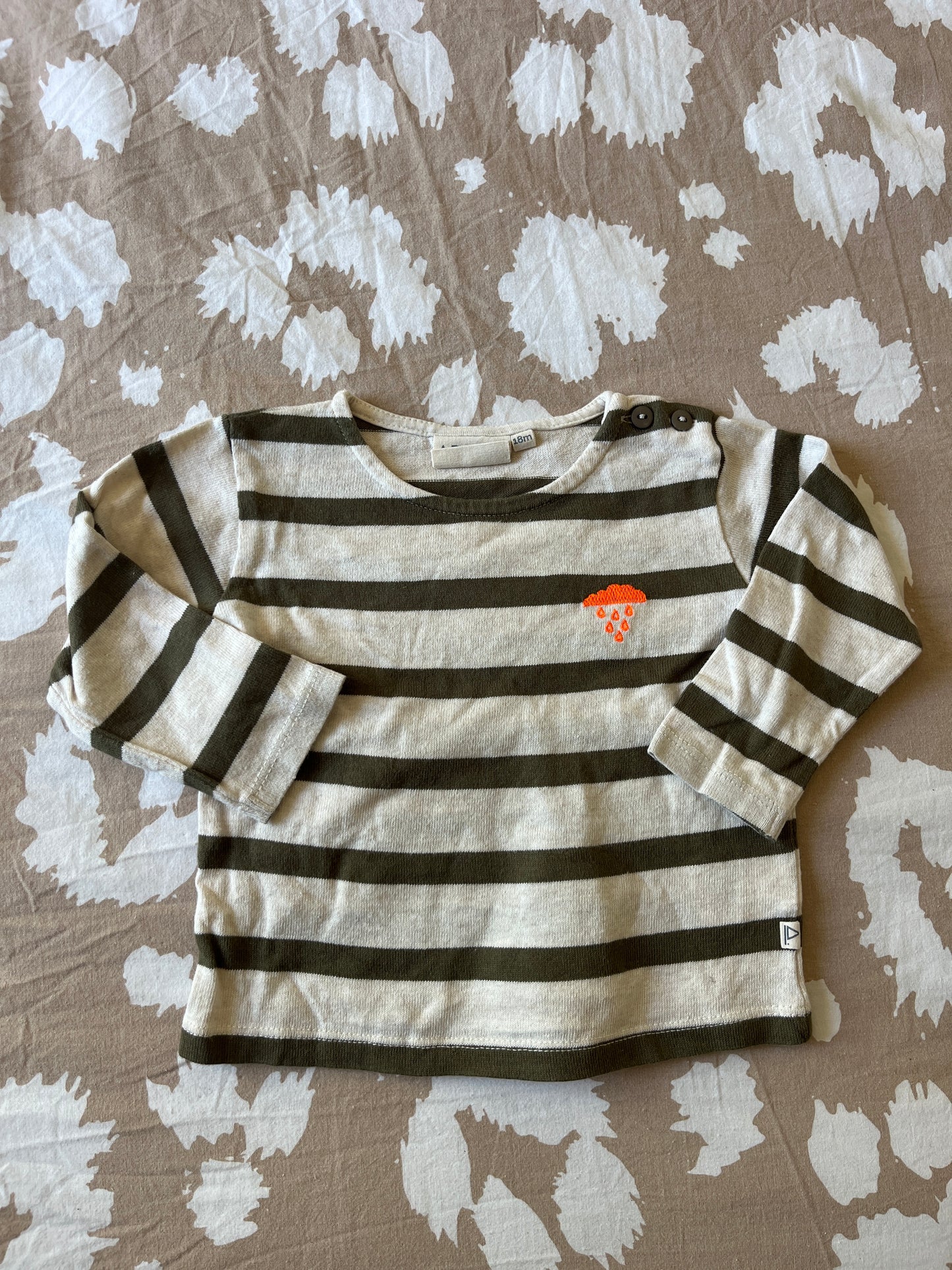 T-shirt à manches longues crème rayé kaki Arsène - 18 mois