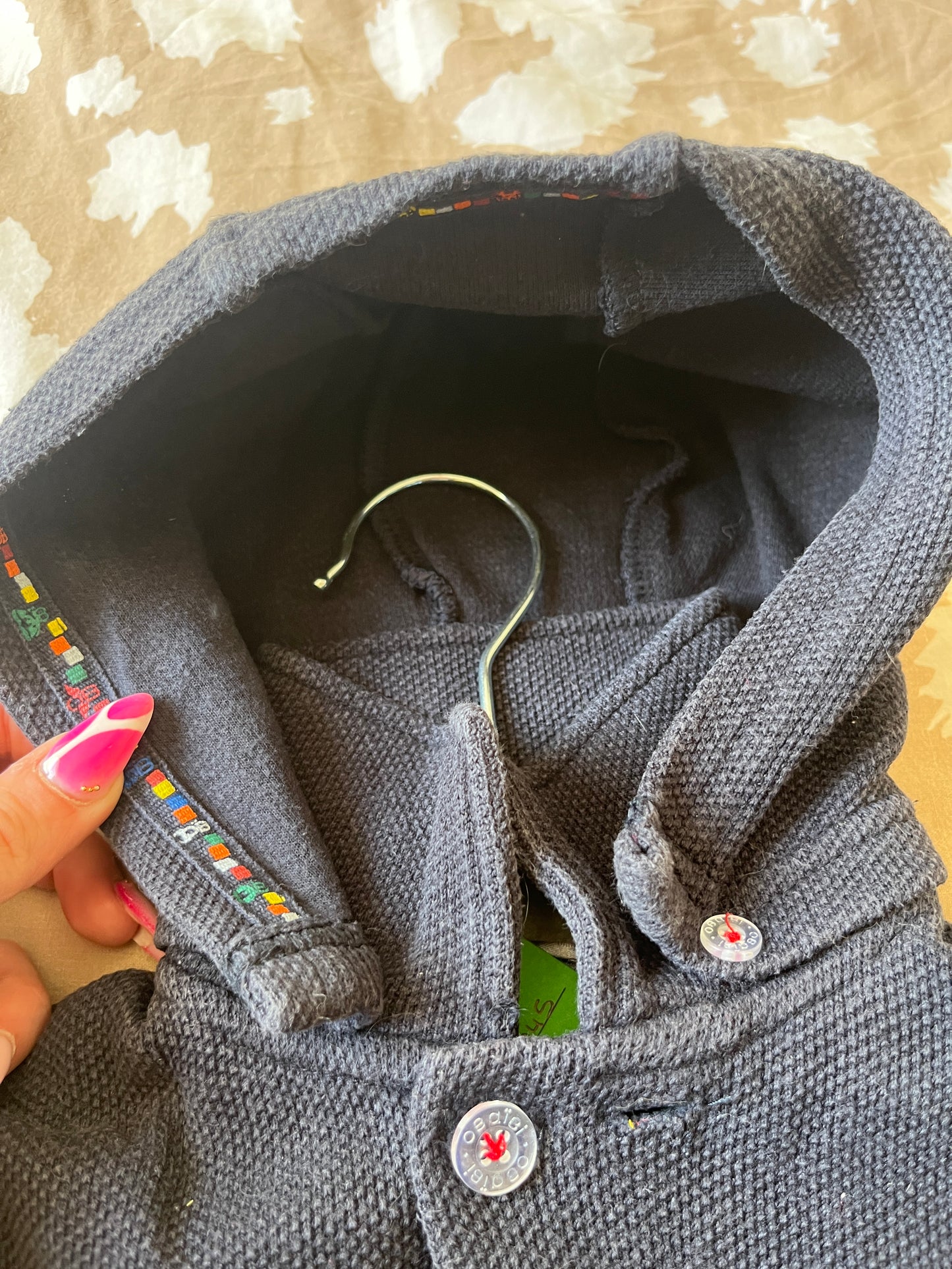 Manteau à capuche bleu maille gaufrée Obaïbi - 12 mois
