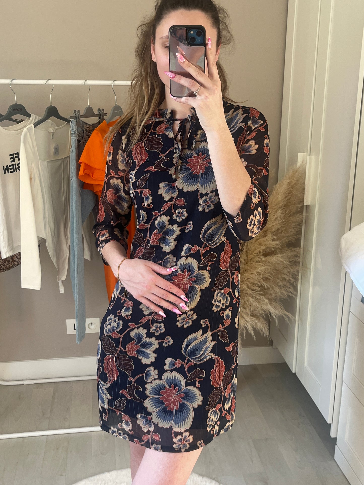 Robe courte bleu à fleurs manches 3/4 - S