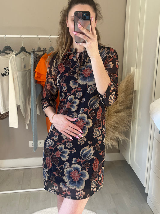 Robe courte bleu à fleurs manches 3/4 - S