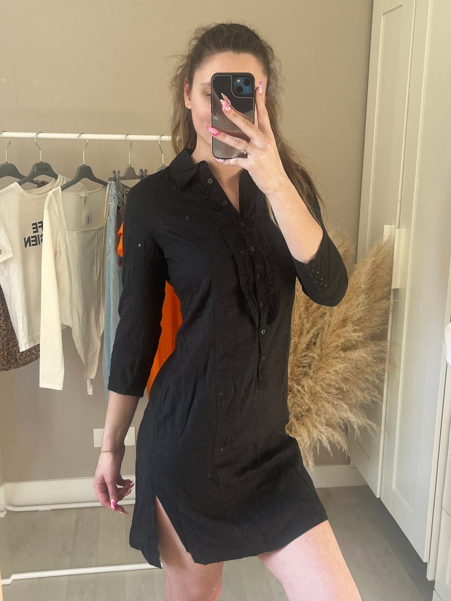 Robe mi-longue manches 3/4 effet lin - S