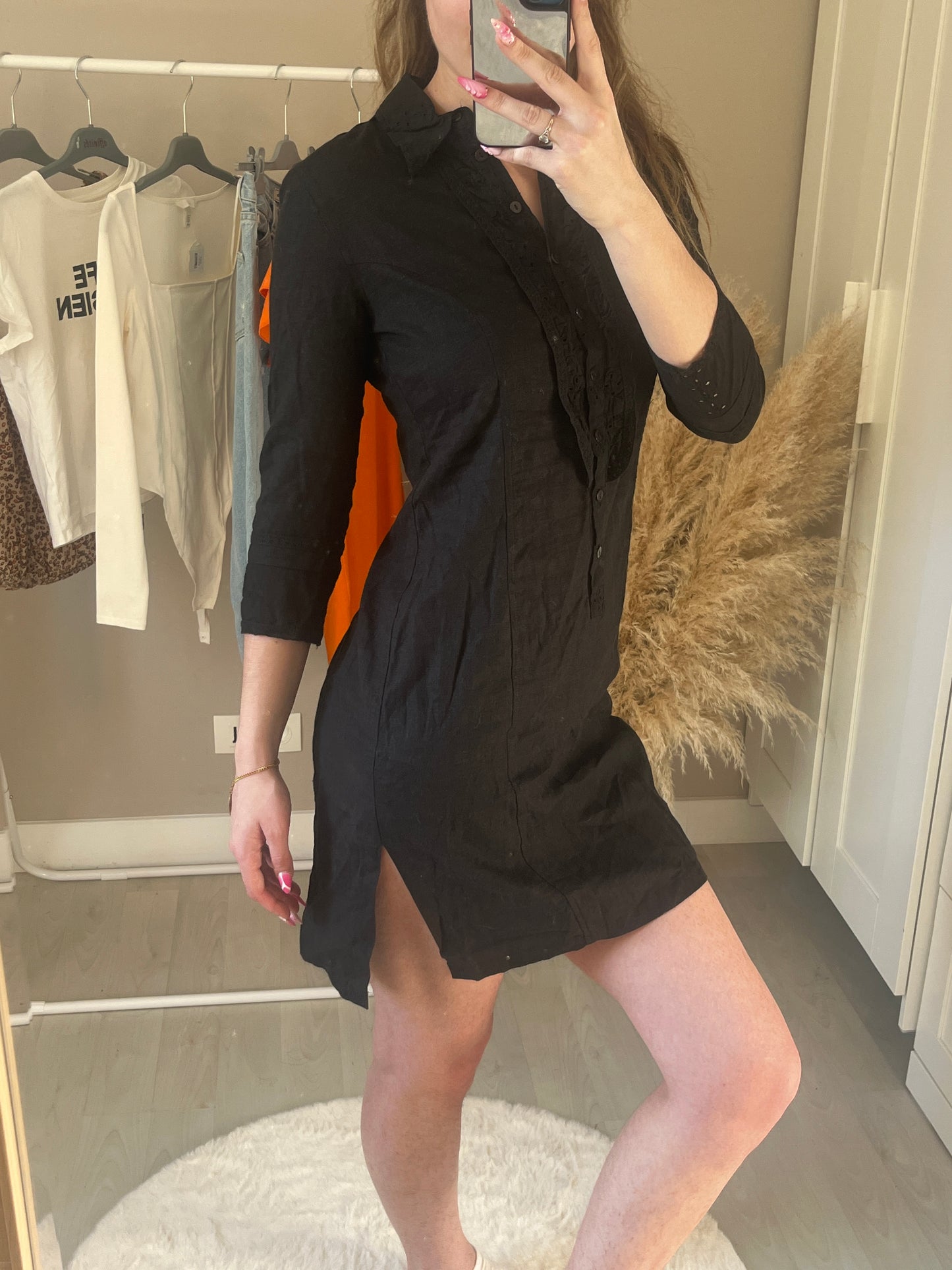 Robe mi-longue manches 3/4 effet lin - S
