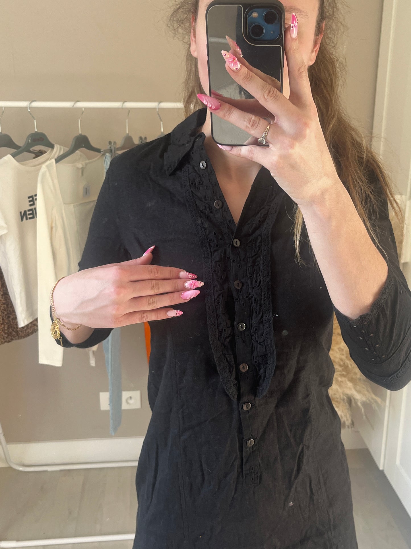 Robe mi-longue manches 3/4 effet lin - S