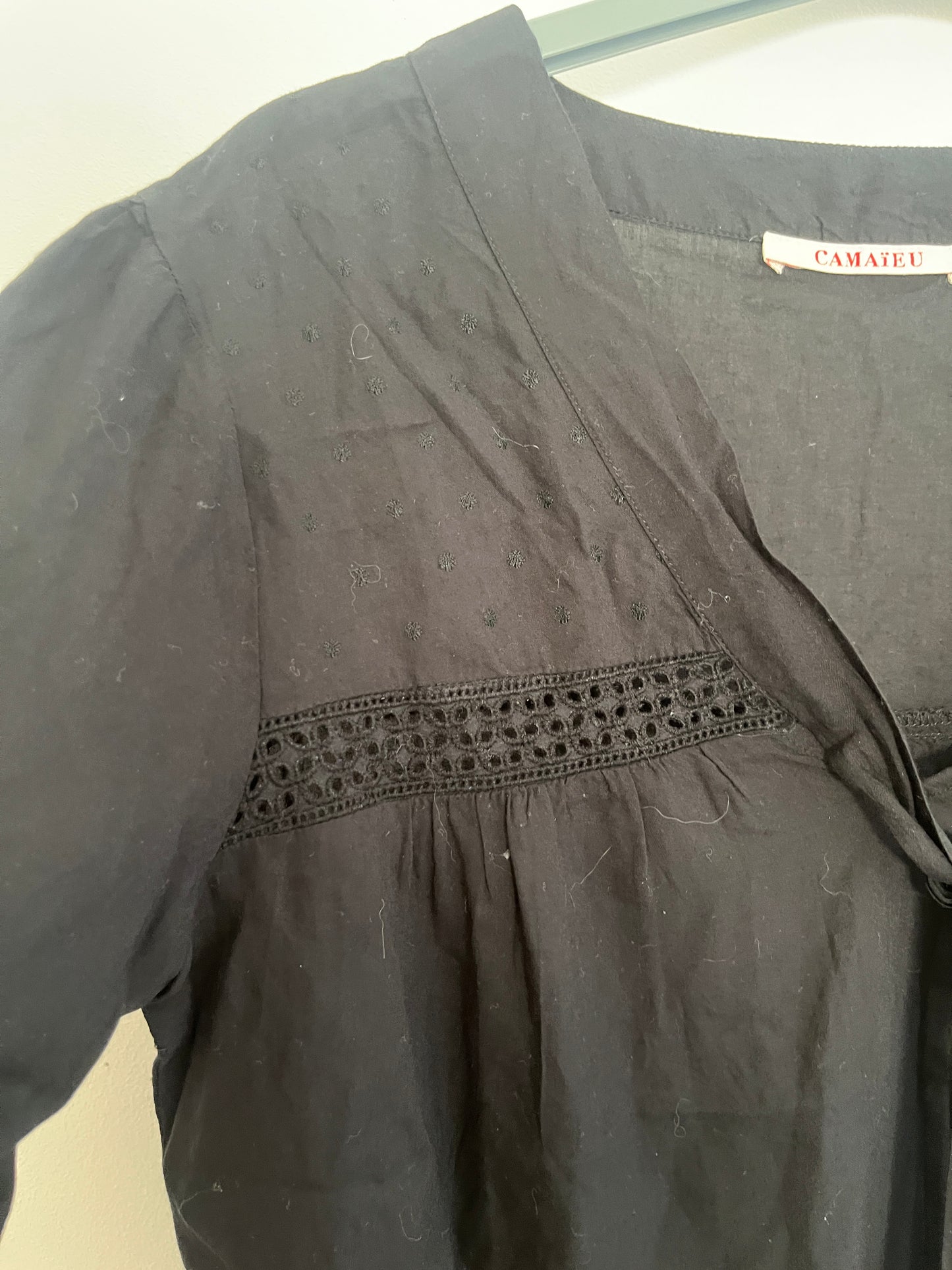 Blouse noire manches 3/4 avec broderies - S