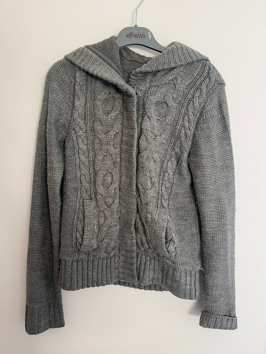 Veste épaisse à capuche en maille grise - S