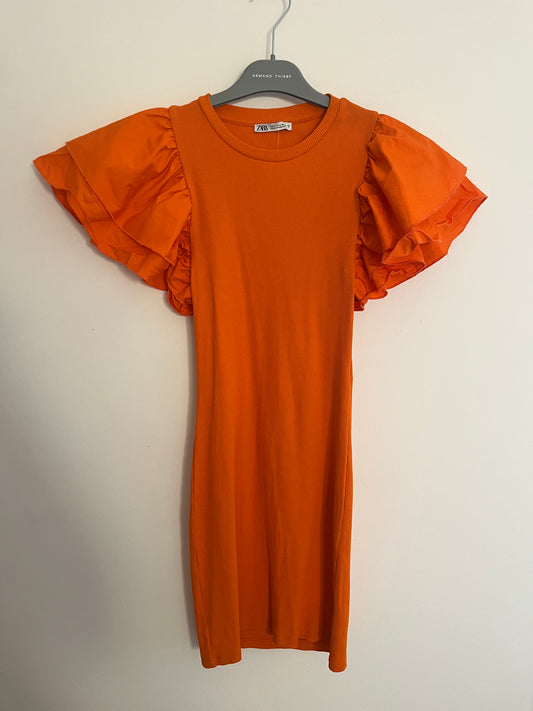 Robe courte moulante à manches à volants et évasées Zara orange - S
