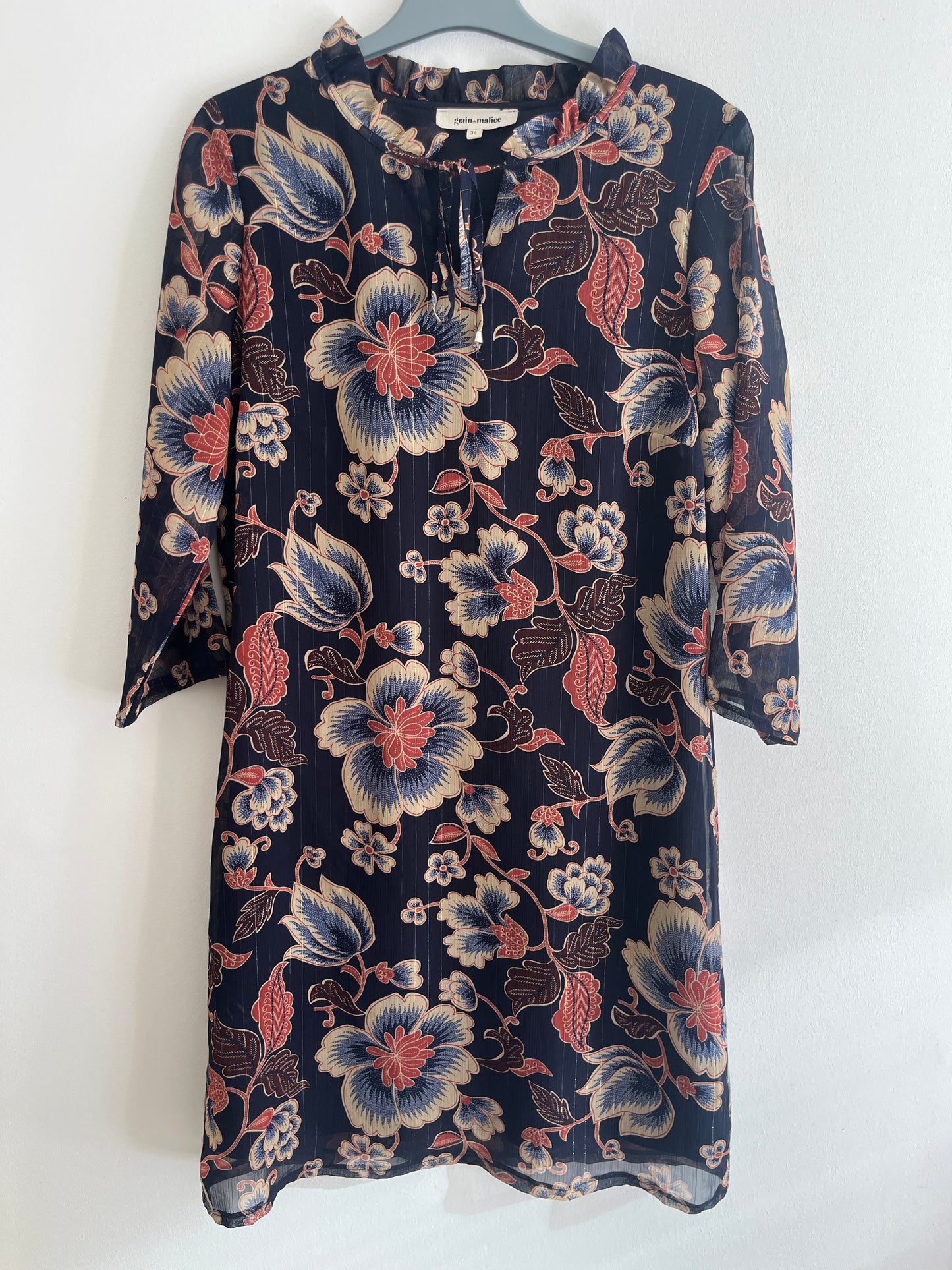 Robe courte bleu à fleurs manches 3/4 - S