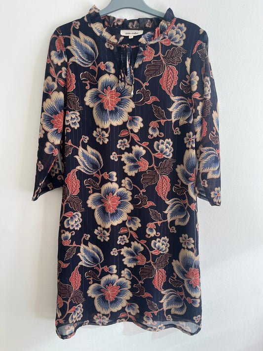 Robe courte bleu à fleurs manches 3/4 - S