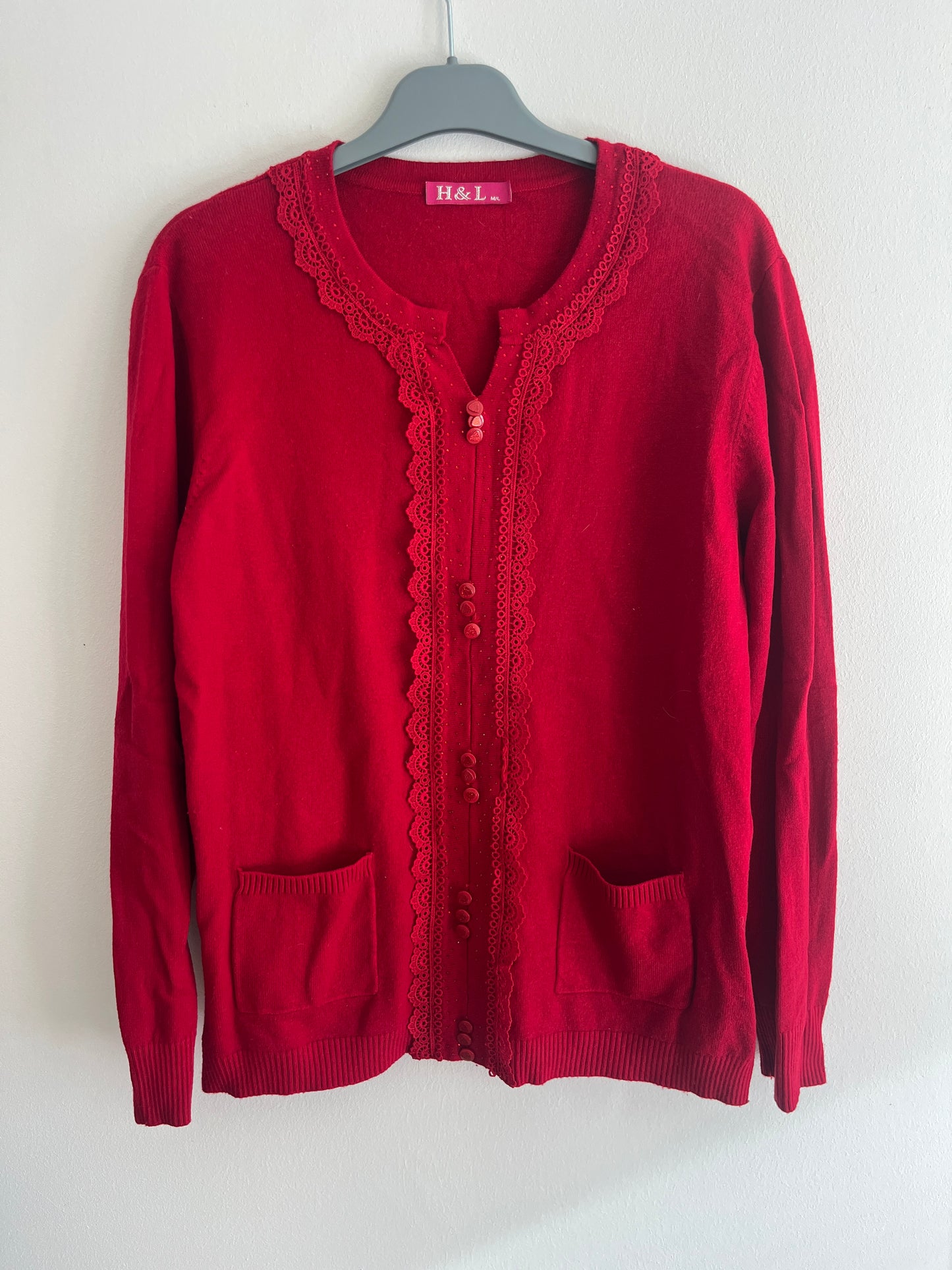 Cardigan à manches longues rouge avec dentelle et strass - M/L