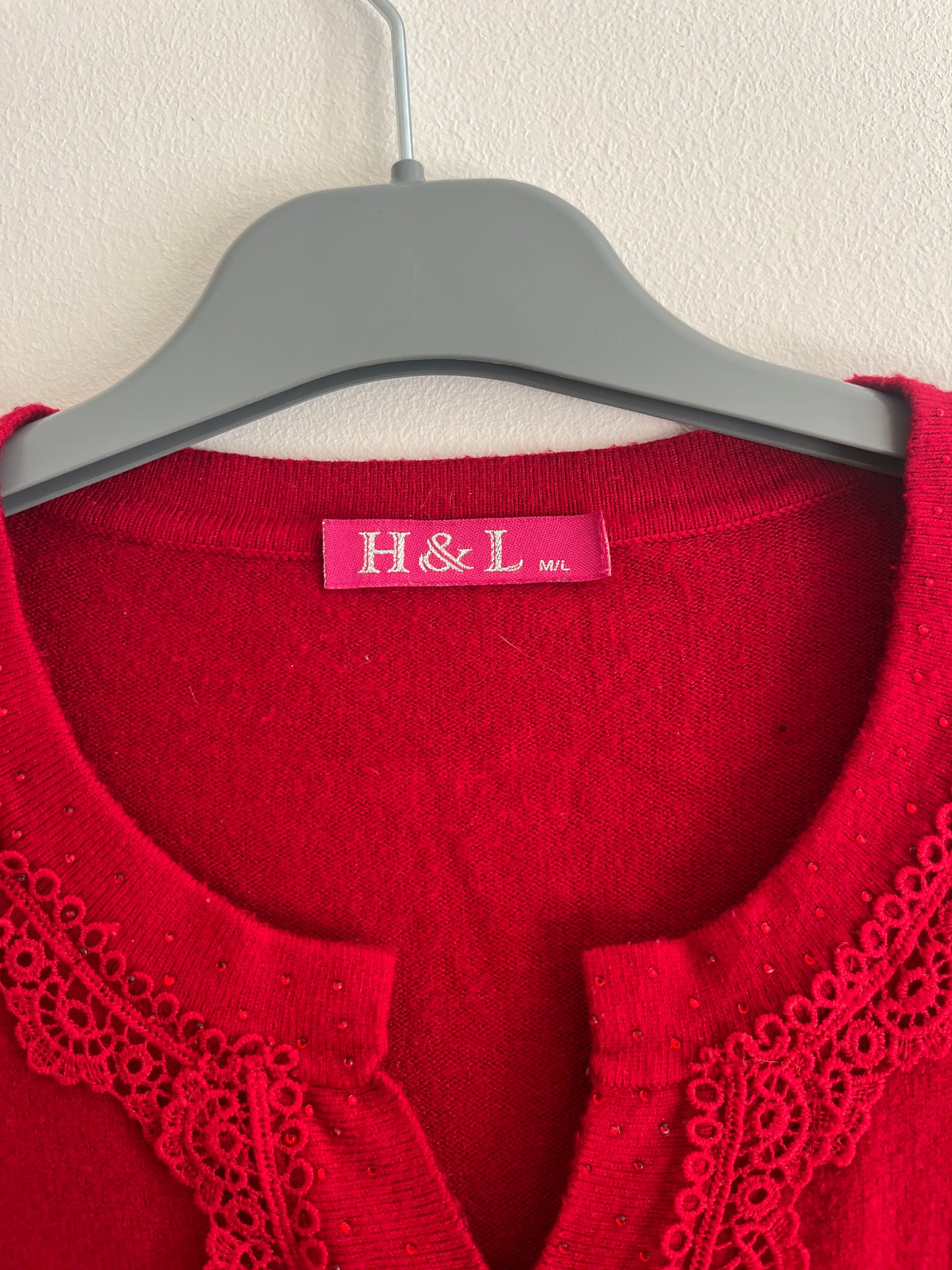 Cardigan à manches longues rouge avec dentelle et strass - M/L