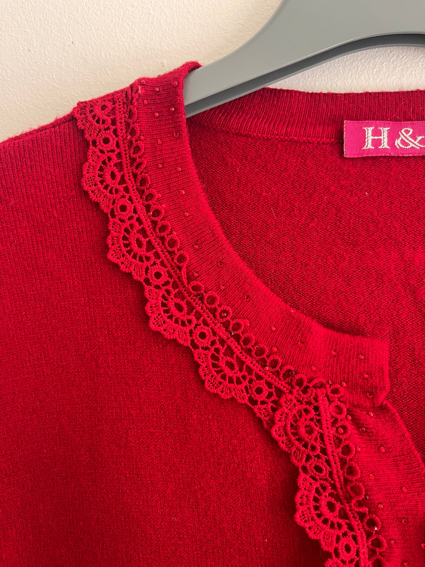 Cardigan à manches longues rouge avec dentelle et strass - M/L