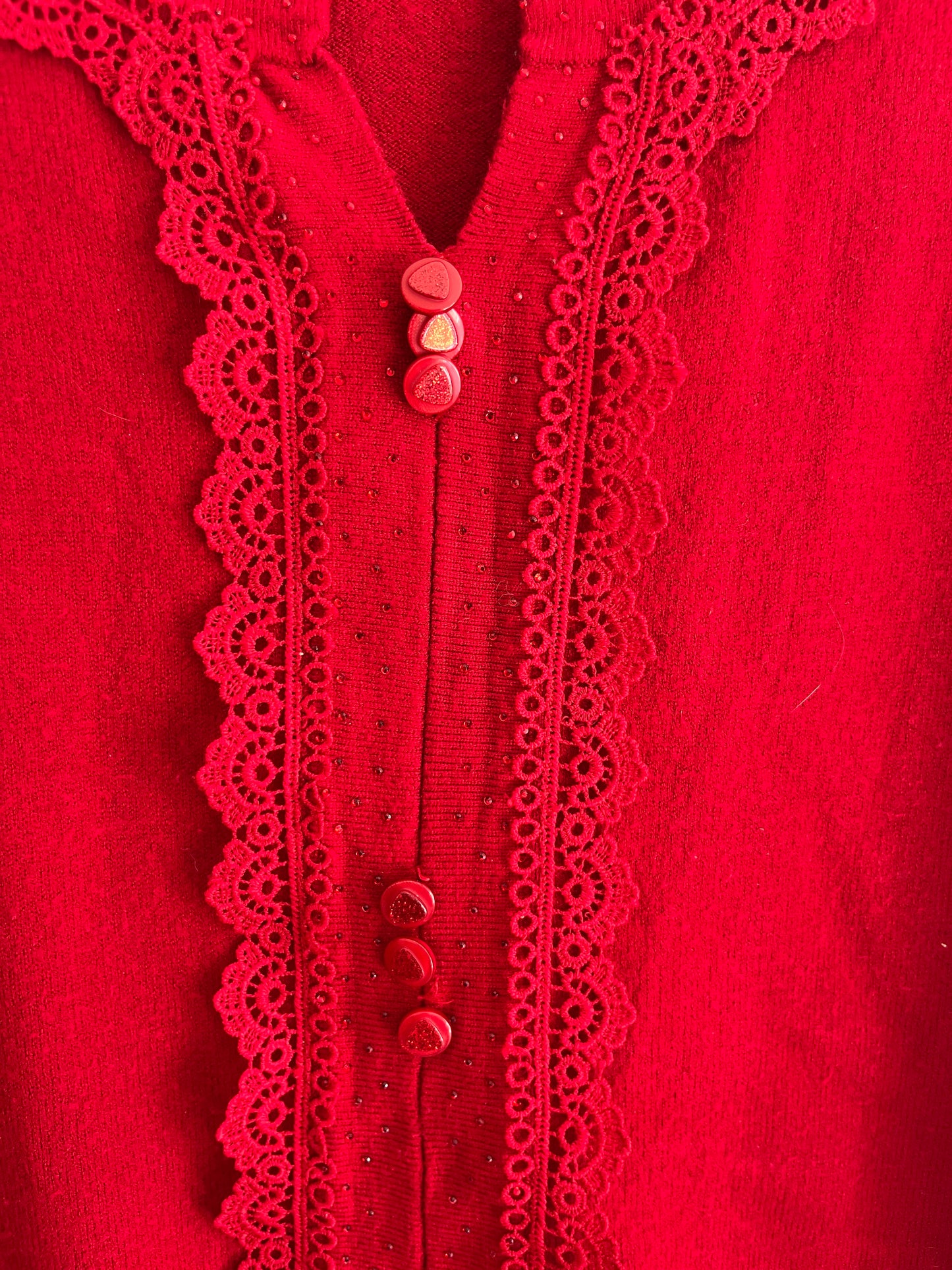 Cardigan à manches longues rouge avec dentelle et strass - M/L