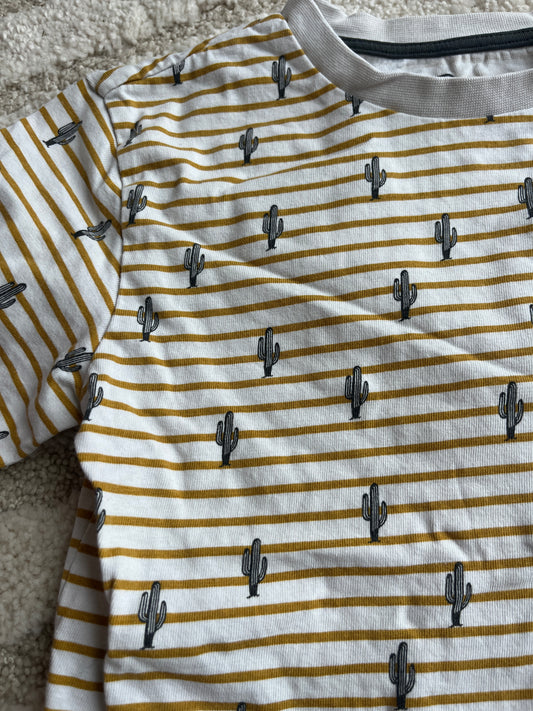 T-shirt à manches courtes blanc rayé moutarde motifs cactus - 8 ans