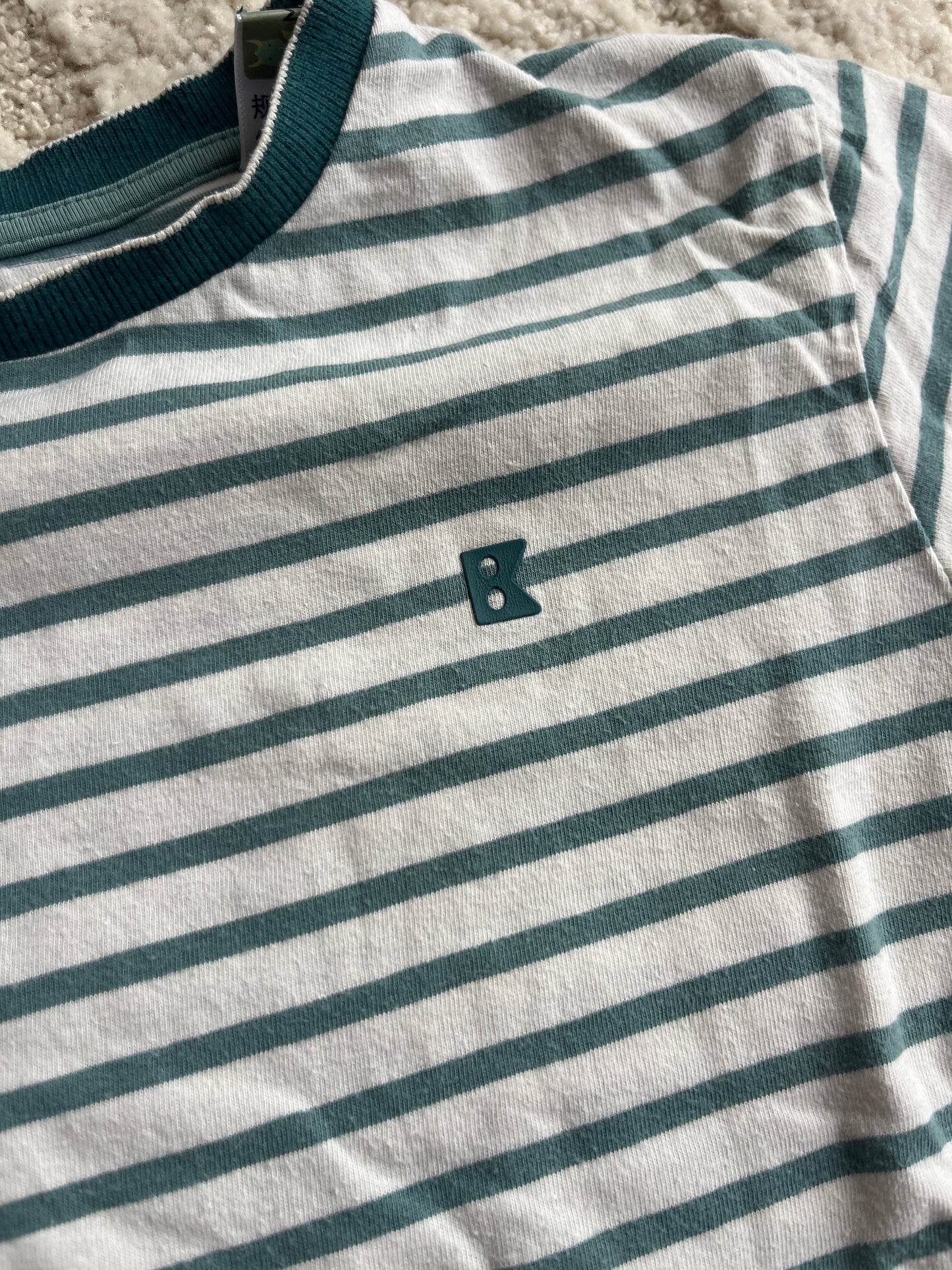 T-shirt à manches courtes blanc rayé bleu turquoise Obaïbi - 8 ans