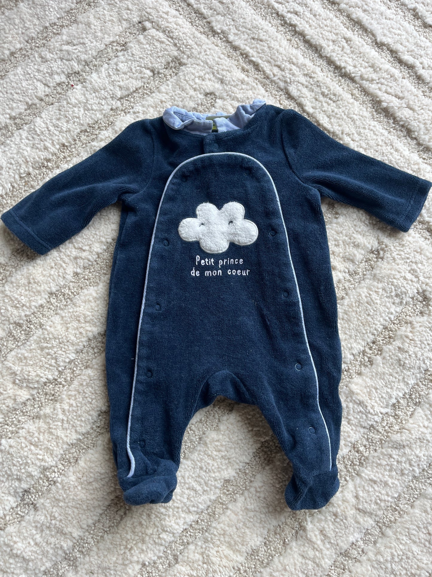 Pyjama velours bleu marine motif nuage avec col Claudine TAO - 0 mois