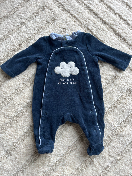 Pyjama velours bleu marine motif nuage avec col Claudine TAO - 0 mois