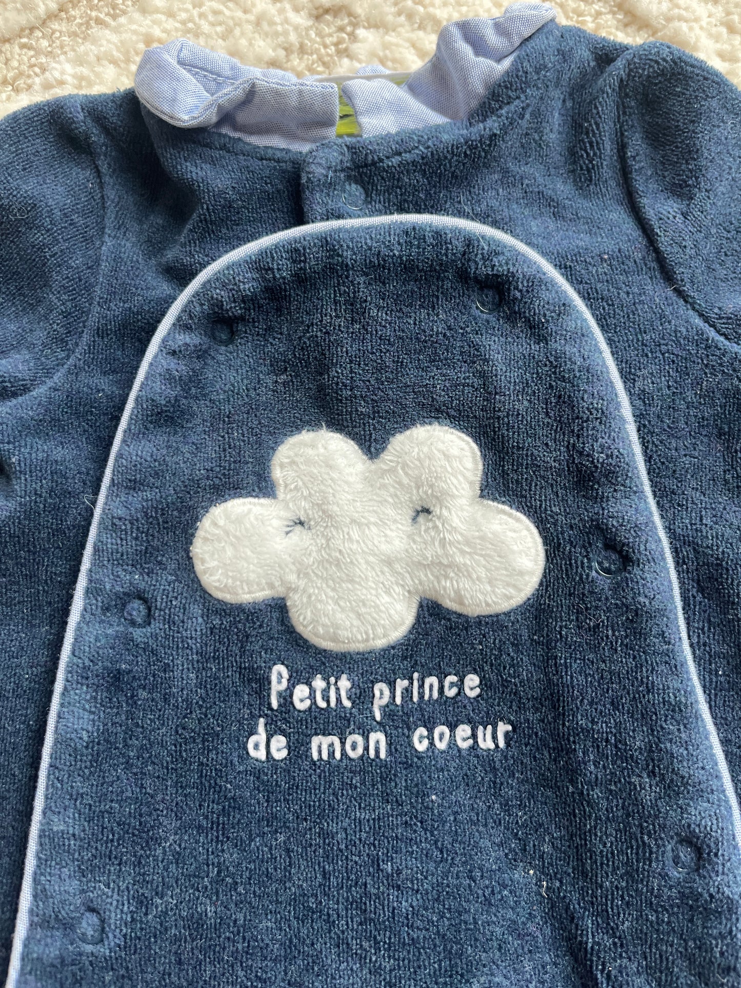 Pyjama velours bleu marine motif nuage avec col Claudine TAO - 0 mois