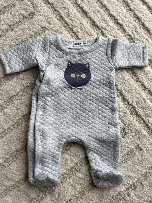 Pyjama gris effet matelassé à paillettes dorées et avec tête de chat - 1 mois