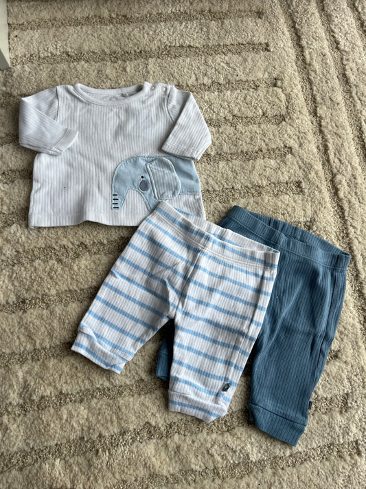 Ensemble côtelé blanc et bleu motif éléphant - 1 mois