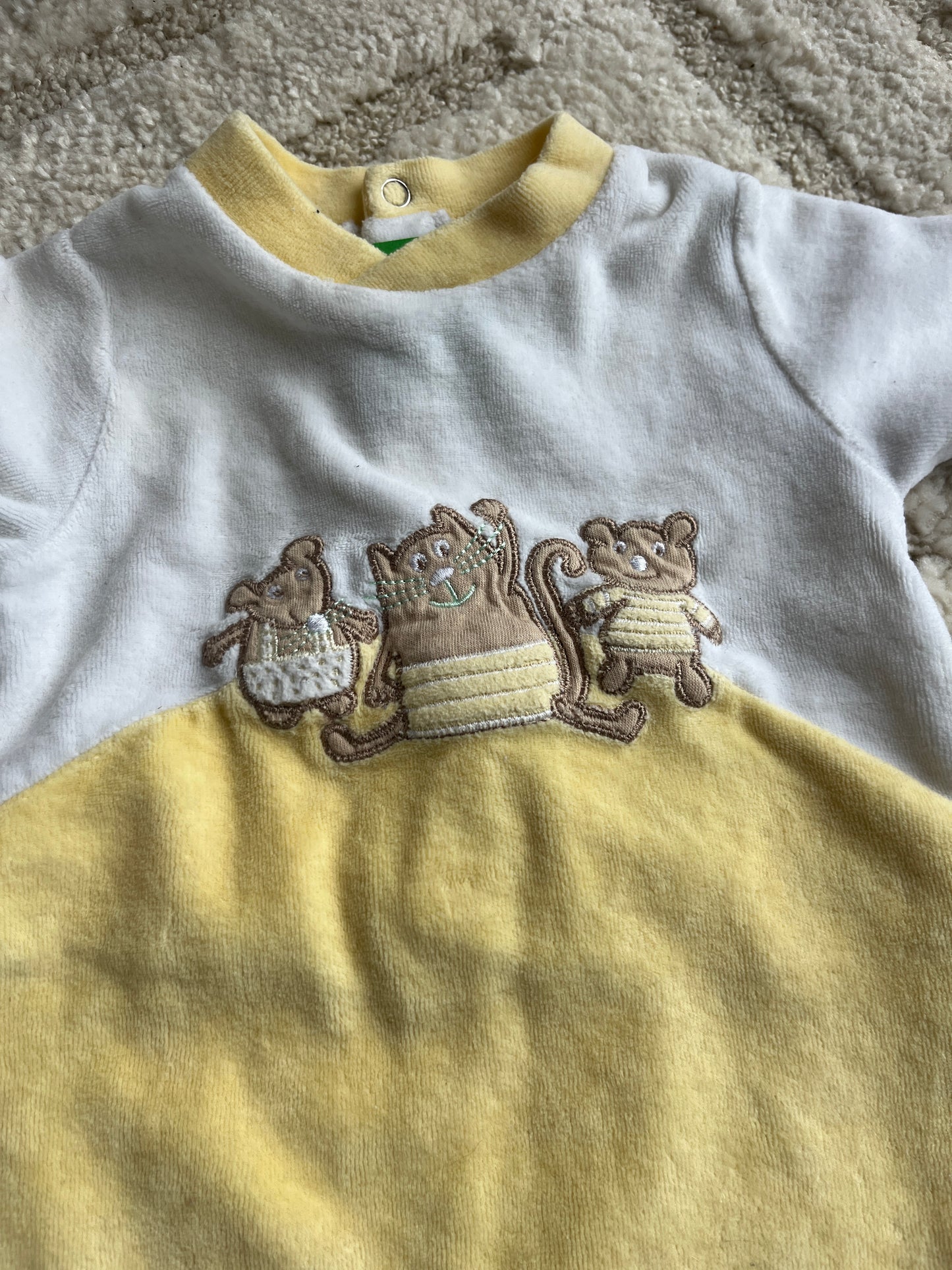 Pyjama velours jaune et blanc chat et souris - 3 mois