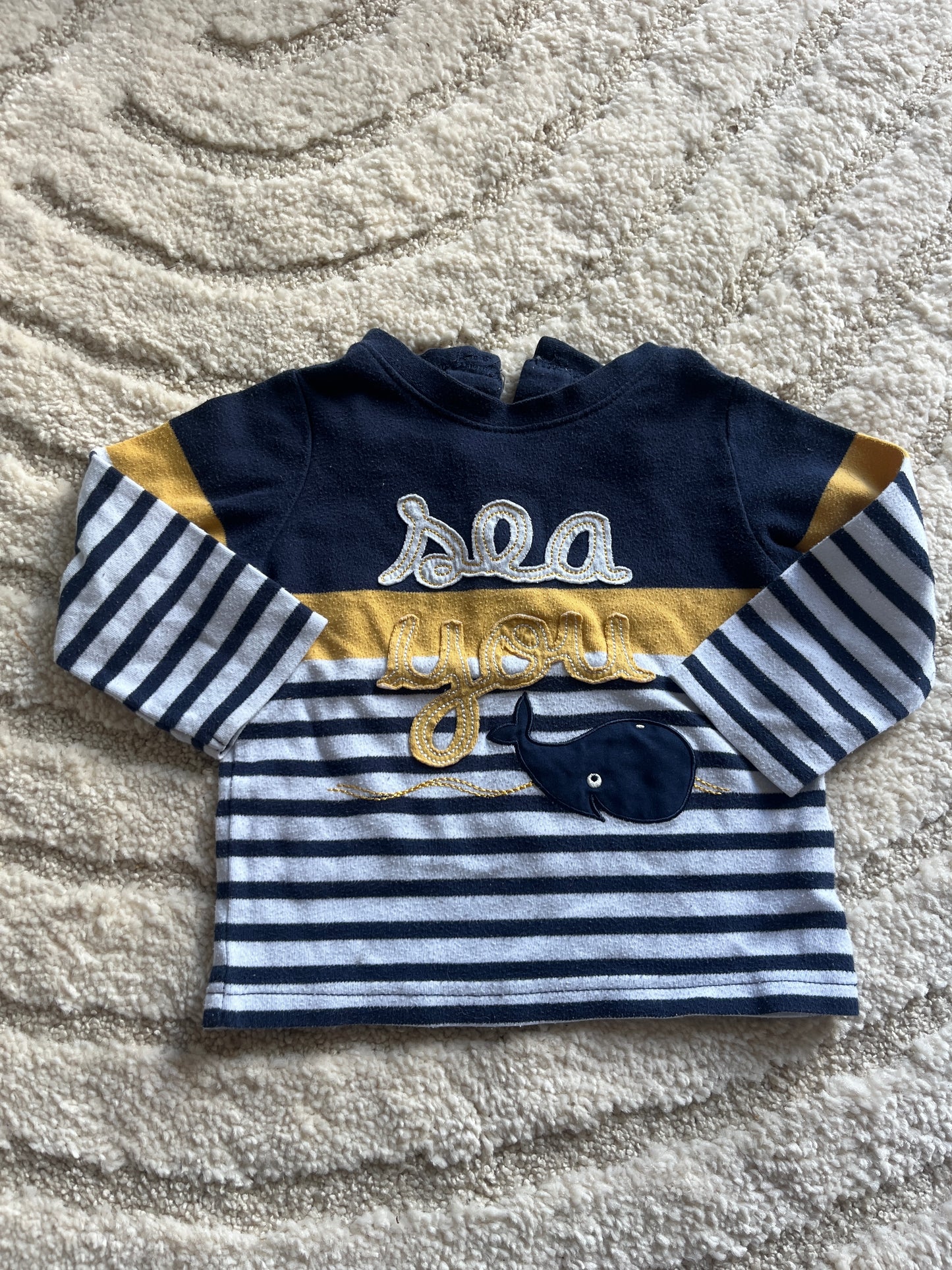 Pull à manches longues bleu marine à rayures « sea you » motif baleine - 12 mois