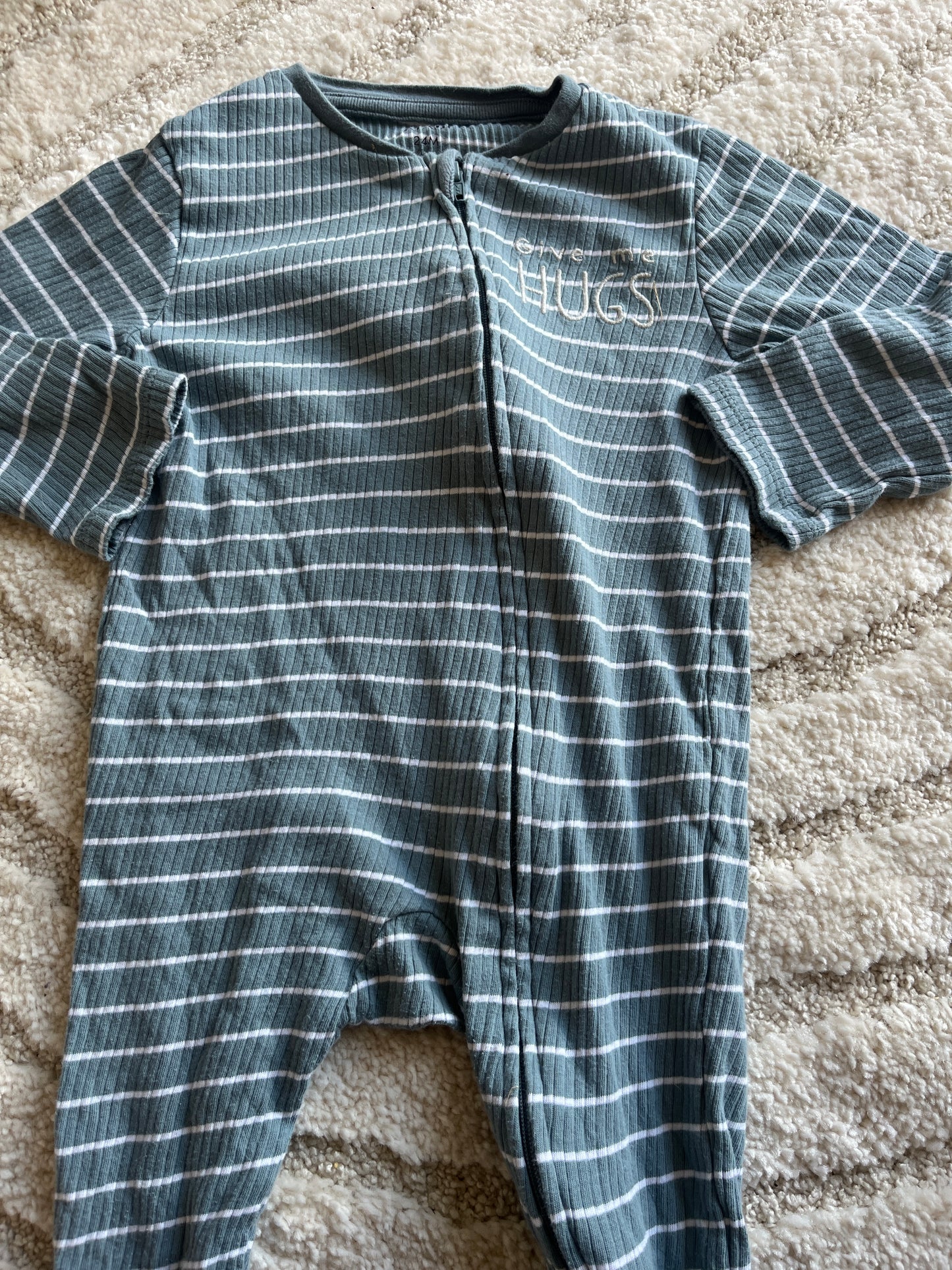 Pyjama léger côtelé vert d’eau à rayures à zip - 24 mois