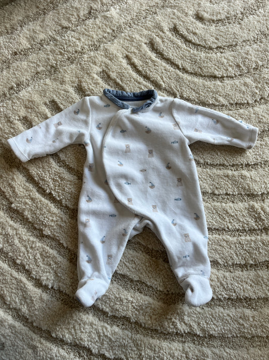 Pyjama velours blanc motifs oursons beige et bleu col Claudine - prématuré (45cm)