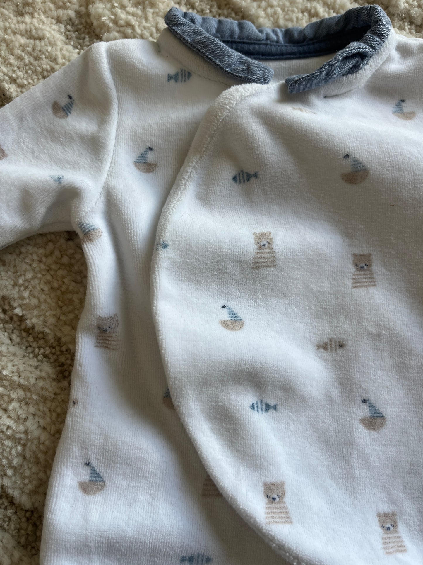 Pyjama velours blanc motifs oursons beige et bleu col Claudine - prématuré (45cm)