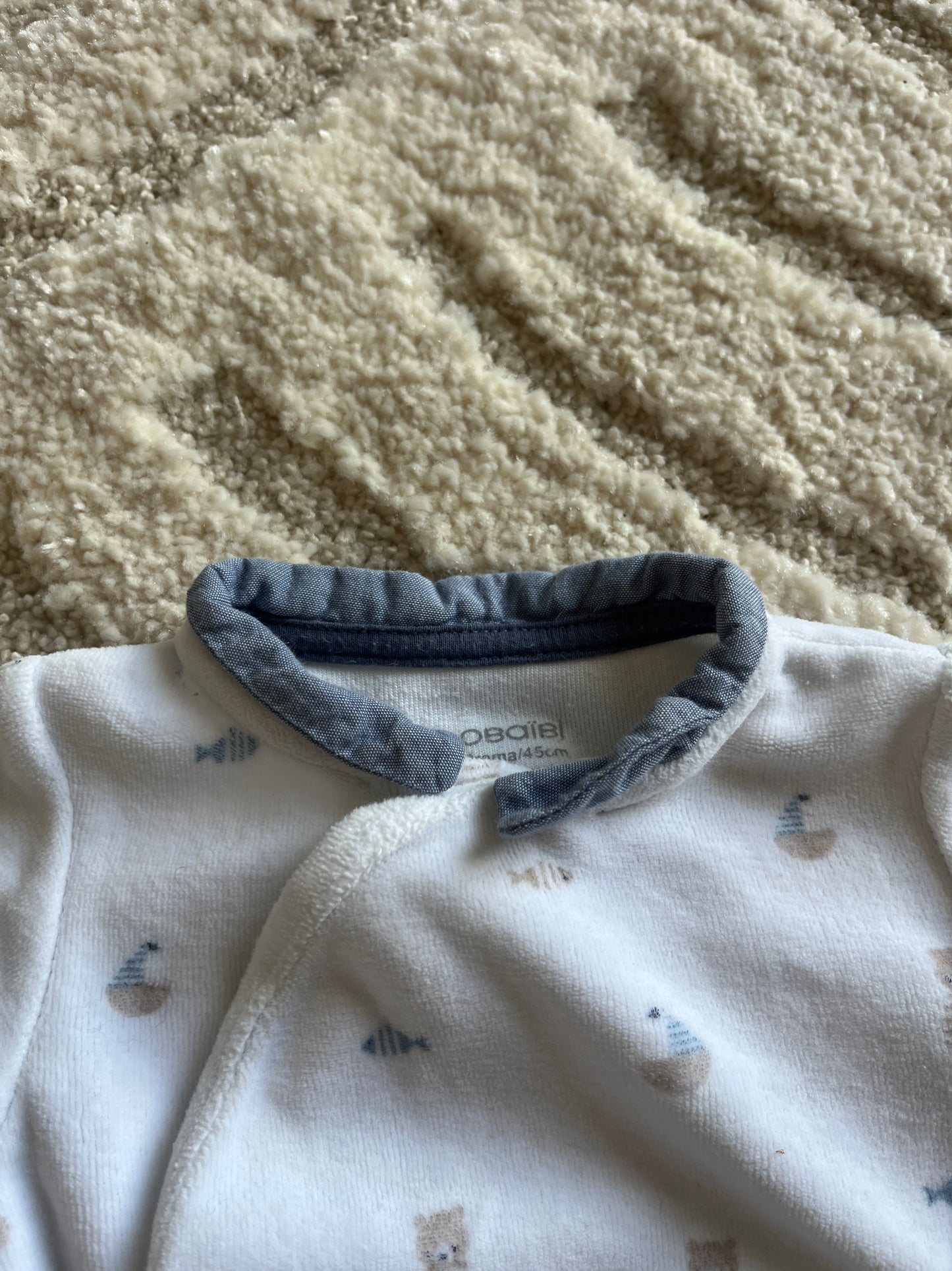Pyjama velours blanc motifs oursons beige et bleu col Claudine - prématuré (45cm)