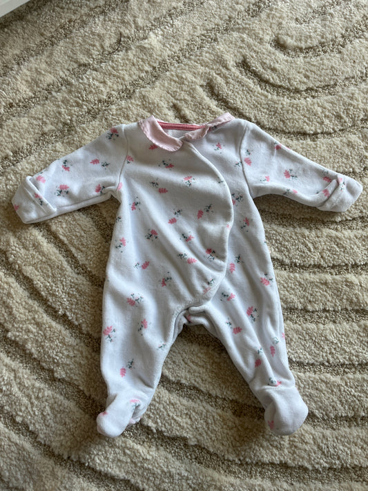 Pyjama velours blanc motifs roses col Claudine - prématuré (45cm)