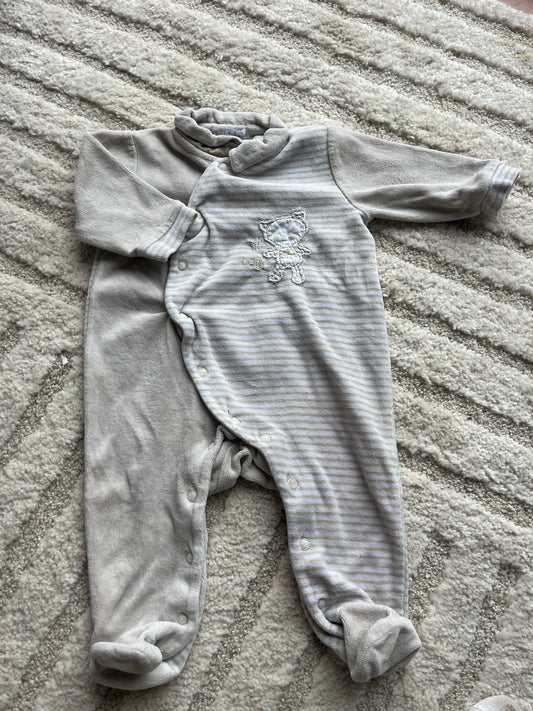 Pyjama velours beige à rayures avec col Claudine - 6 mois