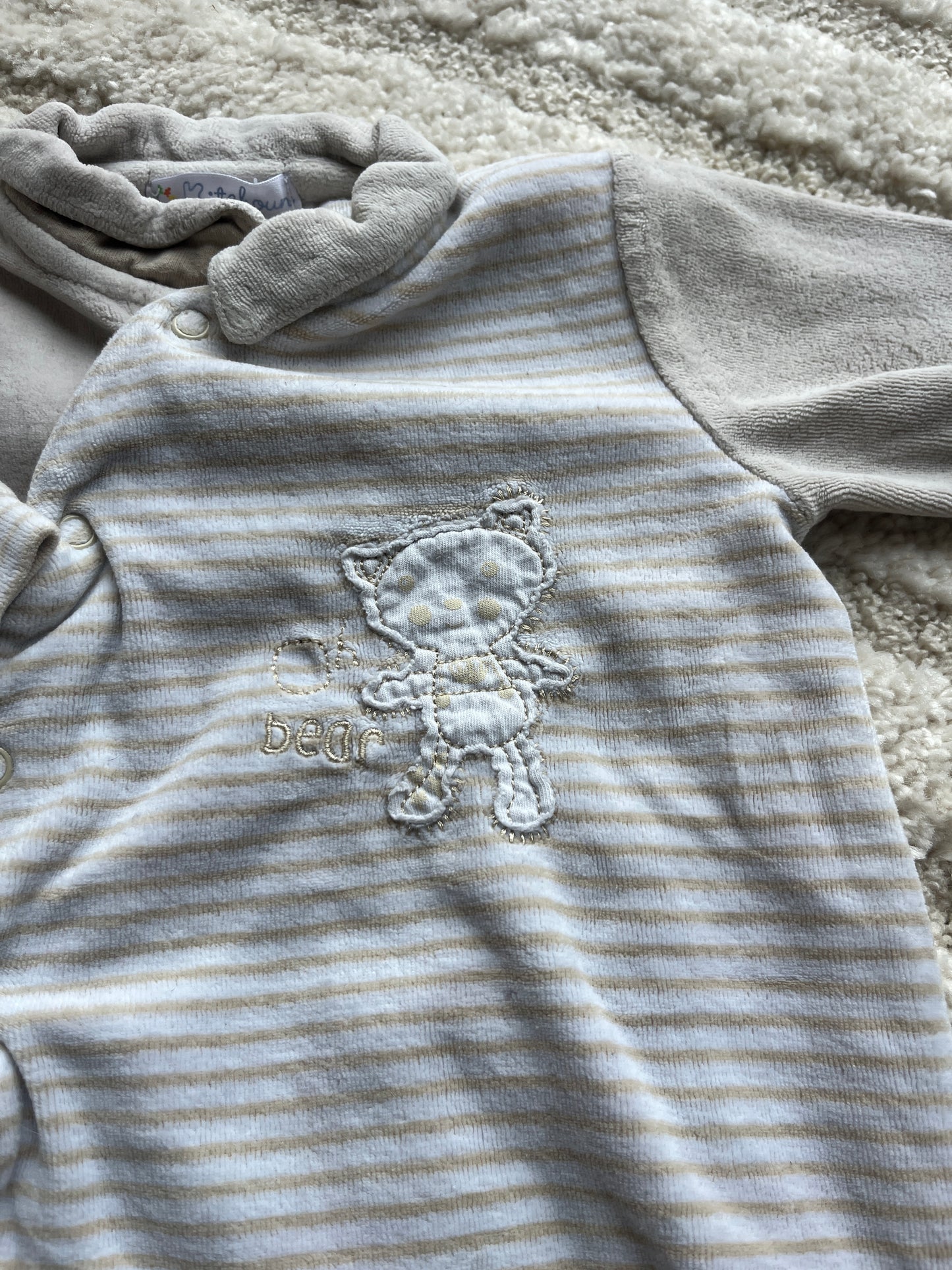 Pyjama velours beige à rayures avec col Claudine - 6 mois