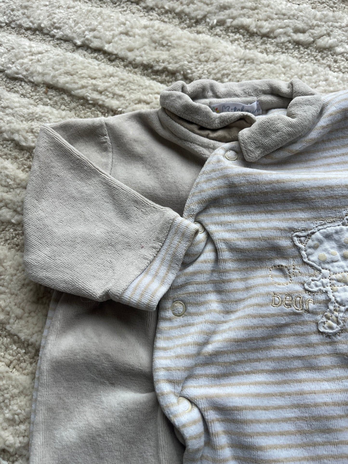 Pyjama velours beige à rayures avec col Claudine - 6 mois