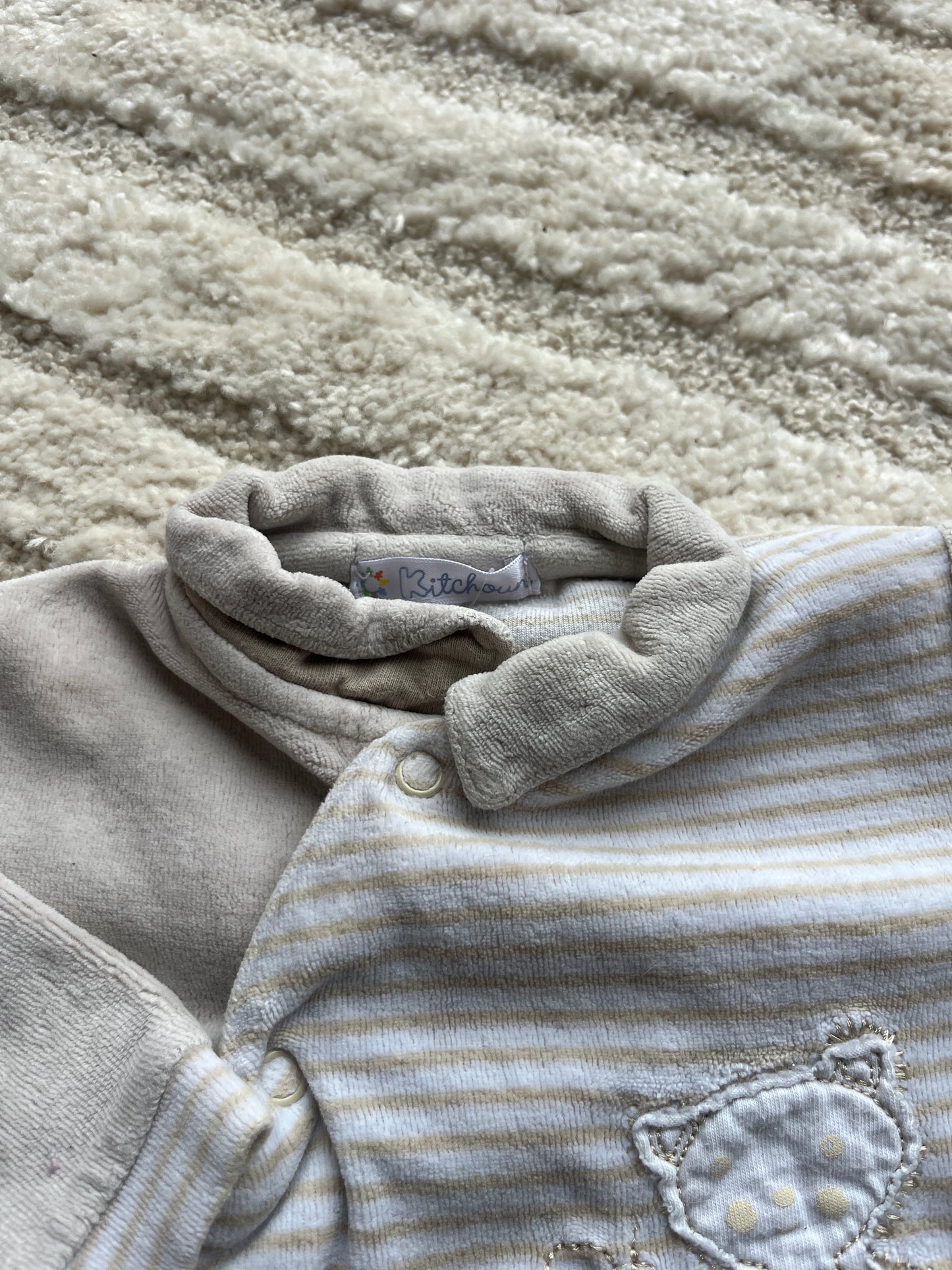 Pyjama velours beige à rayures avec col Claudine - 6 mois