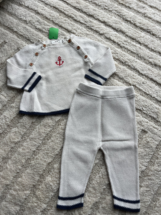 Ensemble en maille beige et bleu marine cardigan + legging Cyrillus - 9 mois