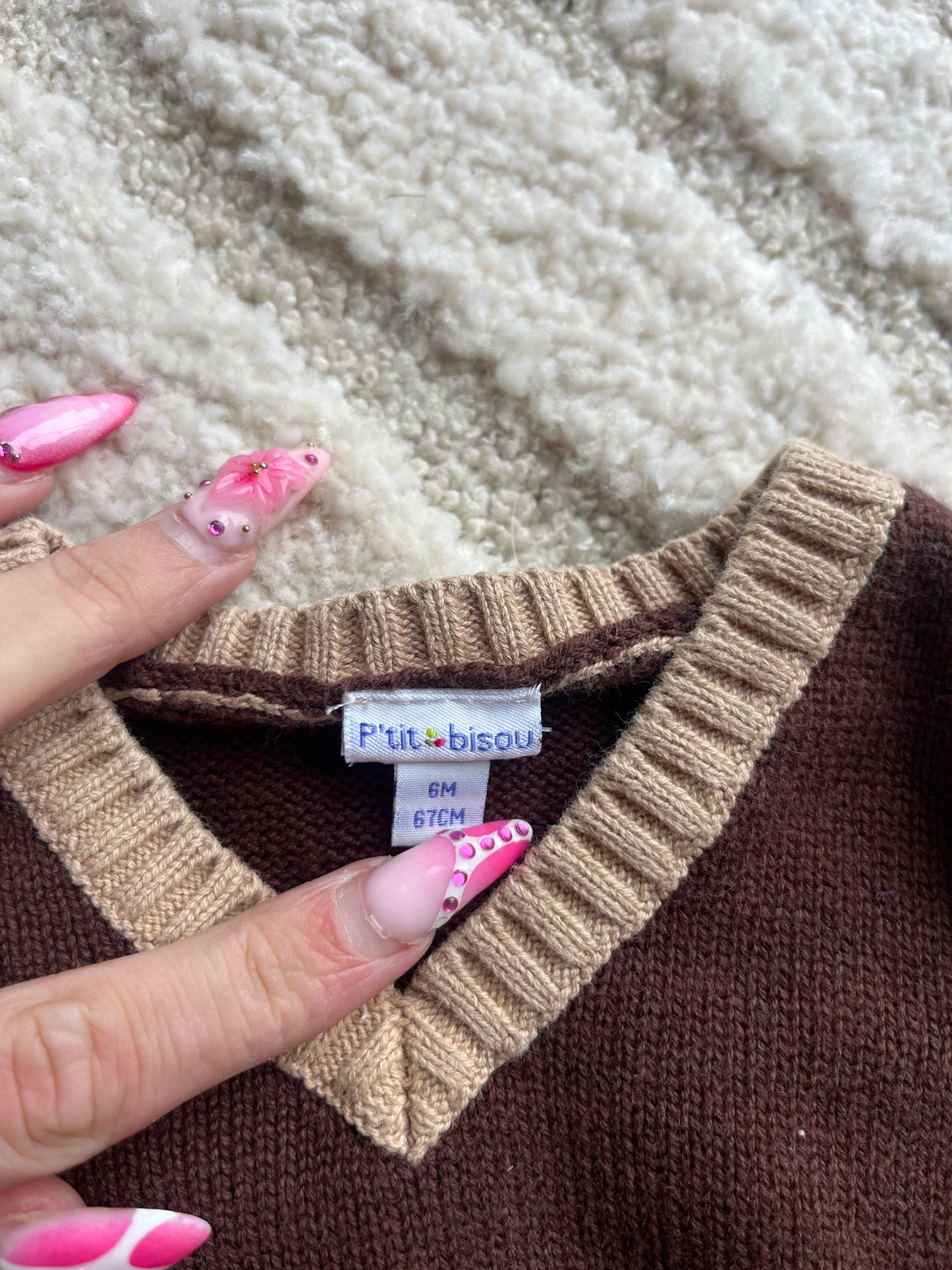 Pull sans manches en maille marron col V P’tit Bisou - 6 mois