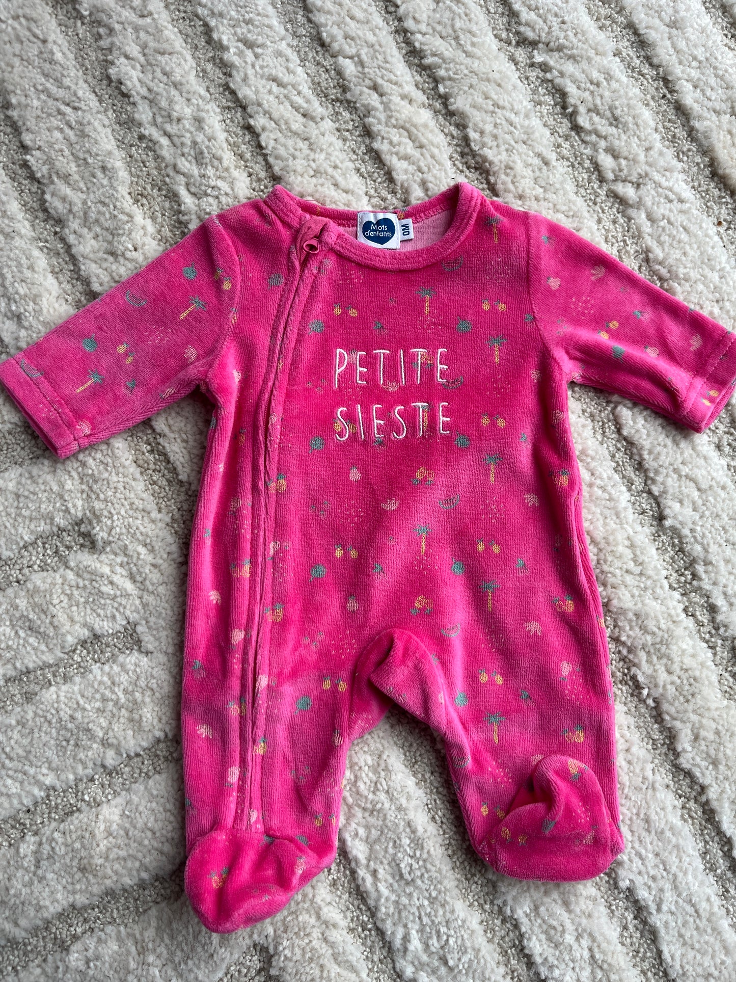 Pyjama velours rose à zip motifs palmiers « petite sieste » - 0 mois