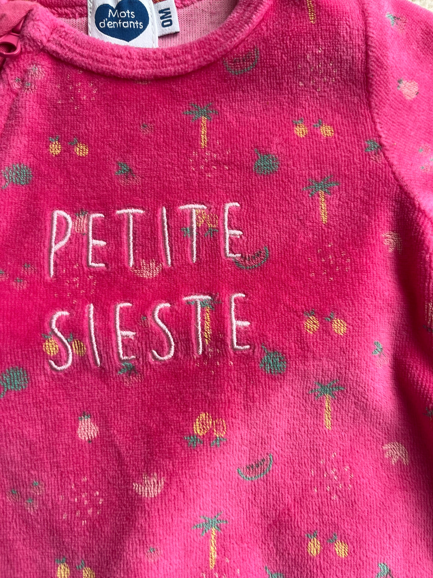 Pyjama velours rose à zip motifs palmiers « petite sieste » - 0 mois