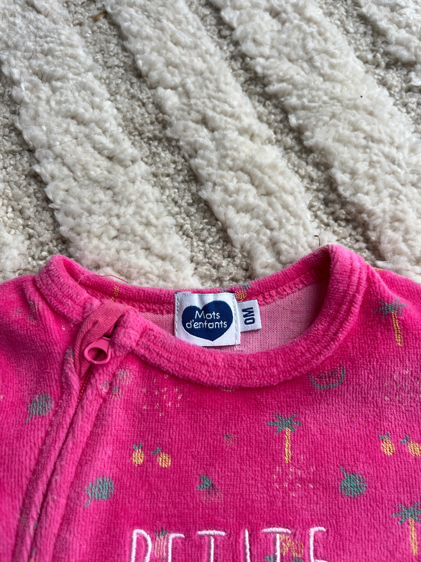 Pyjama velours rose à zip motifs palmiers « petite sieste » - 0 mois