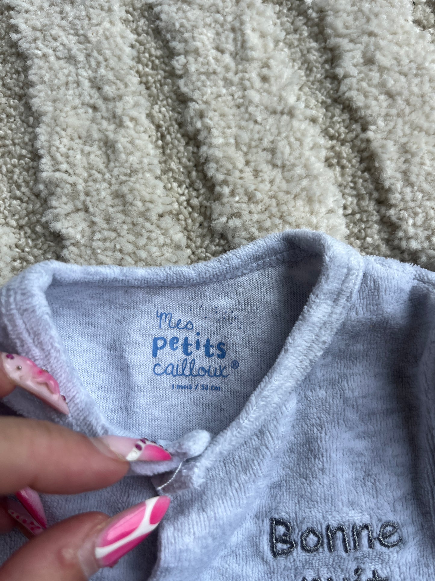 Pyjama velours gris « bonne nuit » tête ourson à l’arrière - 1 mois